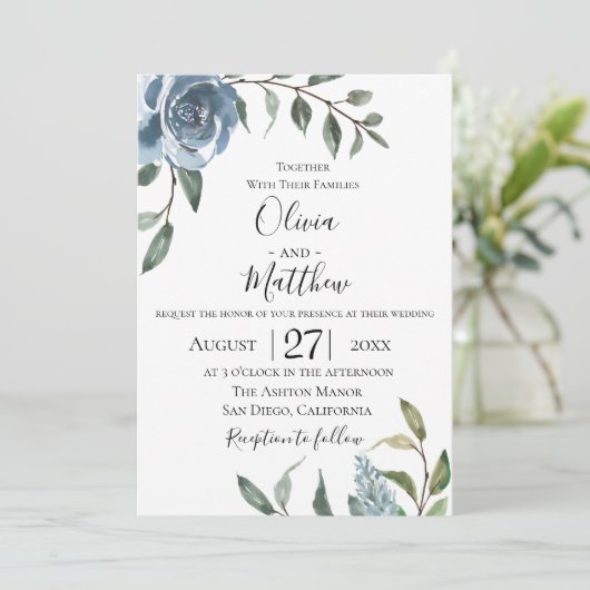 Dusty Blue Botanical Wedding Invitation Kaart (Staand voorkant)