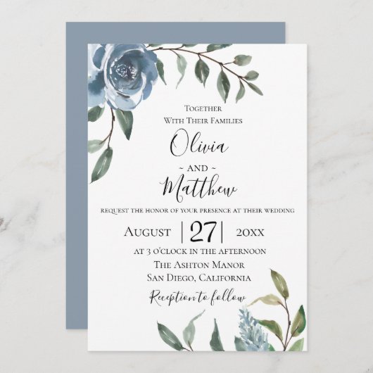 Dusty Blue Botanical Wedding Invitation Kaart (Voorkant / Achterkant)