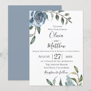 Dusty Blue Botanical Wedding Invitation Kaart