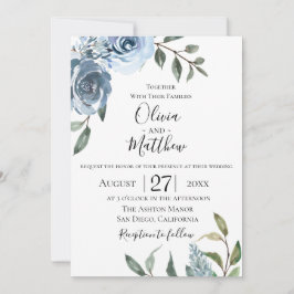 Dusty Blue Botanical Wedding Invitation Kaart