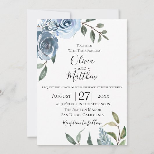 Dusty Blue Botanical Wedding Invitation Kaart (Voorkant)