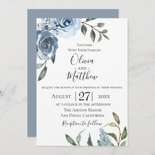 Dusty Blue Botanical Wedding Invitation Kaart (Voorkant / Achterkant)
