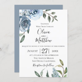 Dusty Blue Botanical Wedding Invitation Kaart