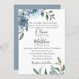 Dusty Blue Botanical Wedding Invitation Kaart