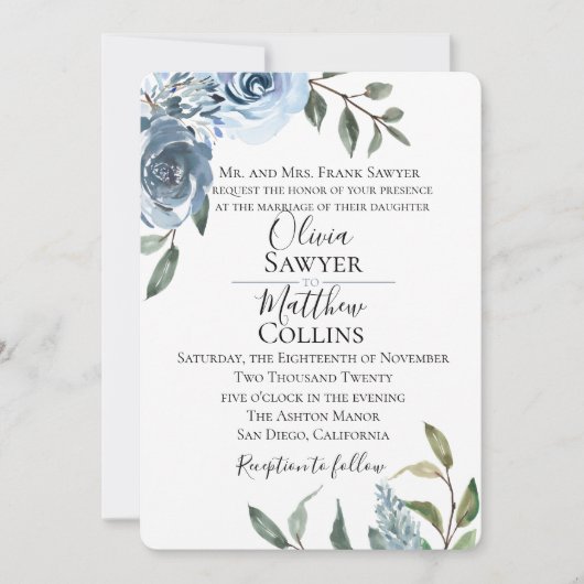 Dusty Blue Botanical Wedding Invitation Kaart (Voorkant)