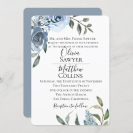 Dusty Blue Botanical Wedding Invitation Kaart