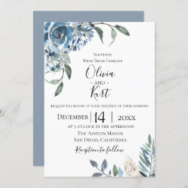 Dusty Blue Botanical Wedding Invitation Kaart