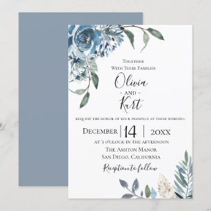 Dusty Blue Botanical Wedding Invitation Kaart