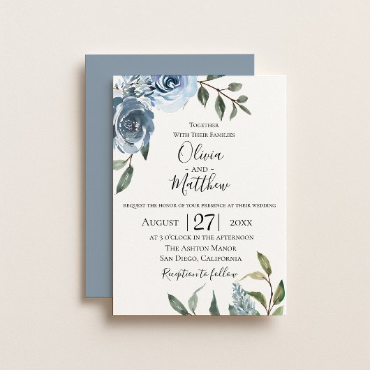 Dusty Blue Botanical Wedding Invitation Kaart