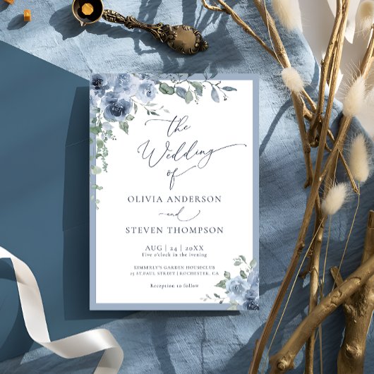 Dusty Blue Botanical Wedding Invitation Kaart