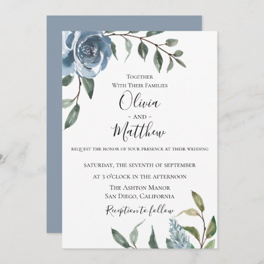 Dusty Blue Botanical Wedding Invitation Kaart (Voorkant / Achterkant)
