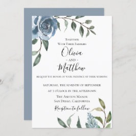 Dusty Blue Botanical Wedding Invitation Kaart