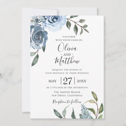 Dusty Blue Botanical Wedding Invitation Kaart (Voorkant)