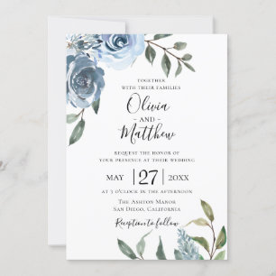 Dusty Blue Botanical Wedding Invitation Kaart