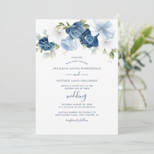 Dusty Blue Botanical Wedding Kaart (Staand voorkant)