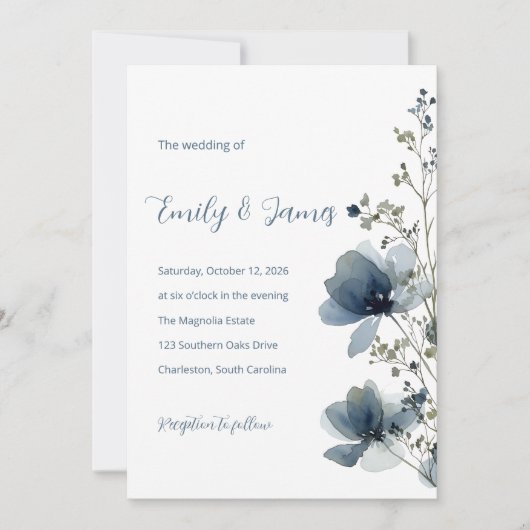 Dusty Blue Botanical Wedding Kaart (Voorkant)