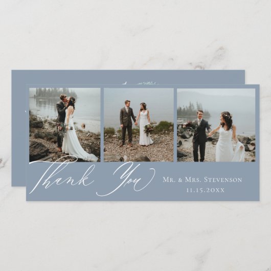 Dusty Blue Botanical Wedding Photo Dank u Bedankkaart (Voorkant / Achterkant)