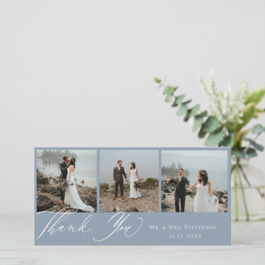 Dusty Blue Botanical Wedding Photo Dank u Bedankkaart (Staand voorkant)