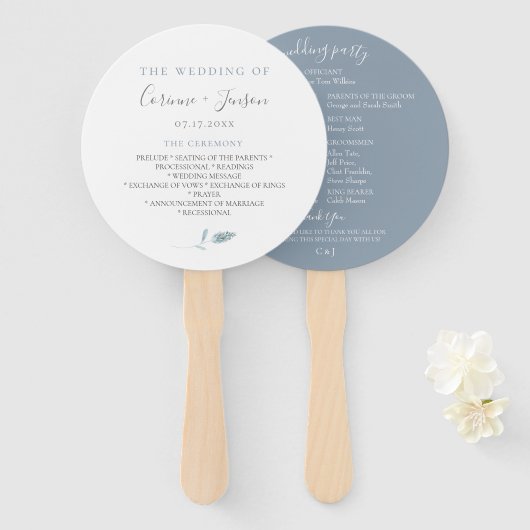 Dusty Blue Botanical Wedding Program Hand Fans Handwaaier (Voorkant en achterkant)