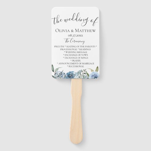 Dusty Blue Botanical Wedding Program Handwaaier (Voorkant)