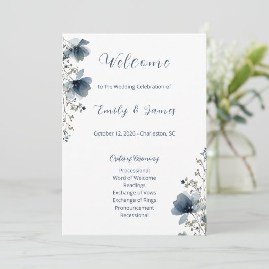 Dusty Blue Botanical Wedding Programmakaart (Staand voorkant)