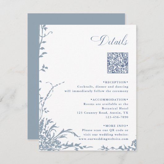 Dusty Blue Botanical Wedding QR Code Details Informatiekaartje (Voorkant / Achterkant)