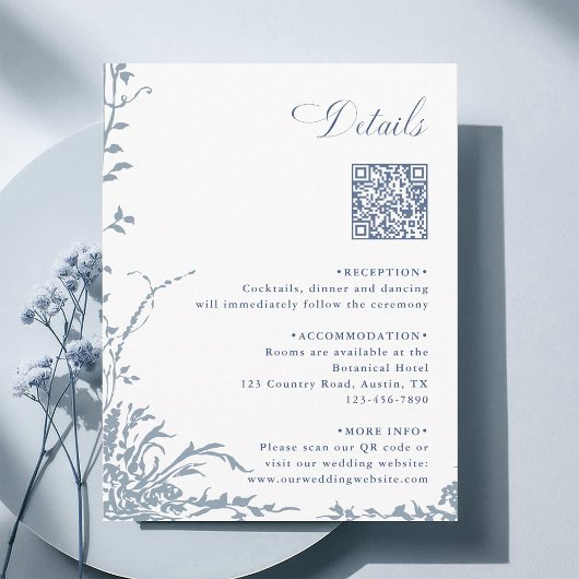 Dusty Blue Botanical Wedding QR Code Details Informatiekaartje