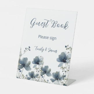 Dusty Blue Botanical Wedding Reclamebord Met Voetstuk