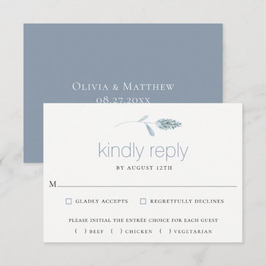 Dusty Blue Botanical Wedding RSVP Kaart (Voorkant / Achterkant)
