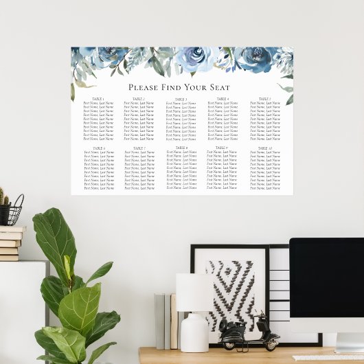 Dusty Blue Botanical Wedding Seating Chart Poster (Thuiskantoor)