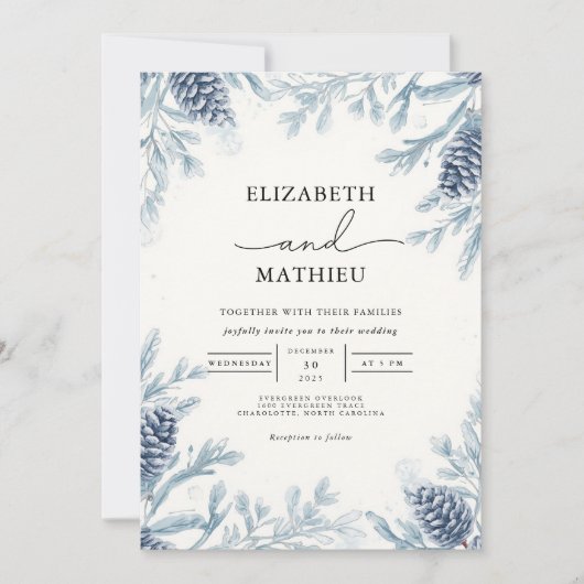 Dusty Blue Botanical Winter Wedding Kaart (Voorkant)