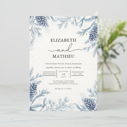 Dusty Blue Botanical Winter Wedding Kaart (Staand voorkant)