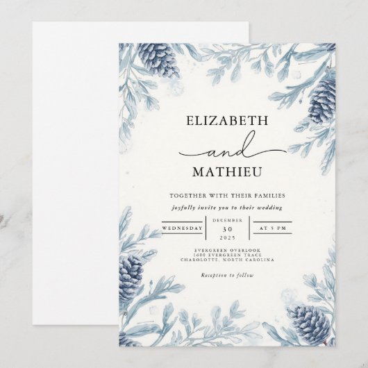 Dusty Blue Botanical Winter Wedding Kaart (Voorkant / Achterkant)