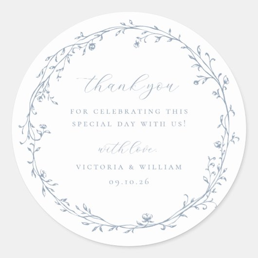 Dusty Blue Botanical Wreath Trouwgunst Ronde Sticker (Voorkant)