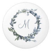 Dusty Blue Botanical Wreatmonogram Keramische Knop (Voorkant)