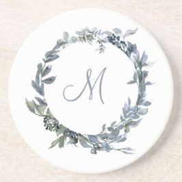 Dusty Blue Botanical Wreatmonogram Zandsteen Onderzetter