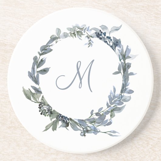 Dusty Blue Botanical Wreatmonogram Zandsteen Onderzetter (Voorkant)
