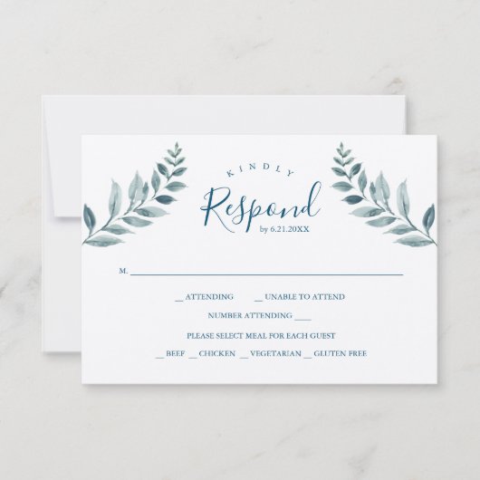 Dusty Blue Botanicals Wedding RSVP Kaartje (Voorkant)