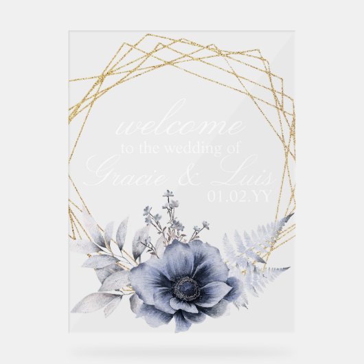Dusty Blue Botanische Bloemen Gouden Bruiloft Acryl Bord (Voorkant)