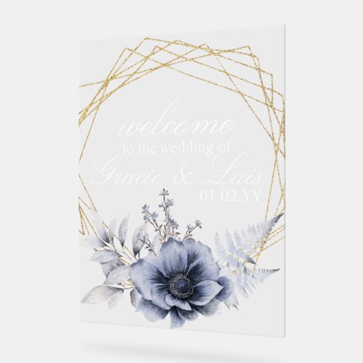 Dusty Blue Botanische Bloemen Gouden Bruiloft Acryl Bord (Hoek)