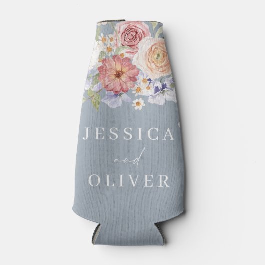 Dusty Blue Botanische Bloemen Waterverf Bruiloft Flesjeskoeler (Voorkant)