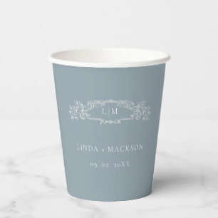 Dusty Blue botanische kam monogram bruiloft Papieren Bekers
