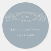 Dusty Blue botanische kam monogram bruiloft Ronde Sticker (Voorkant)