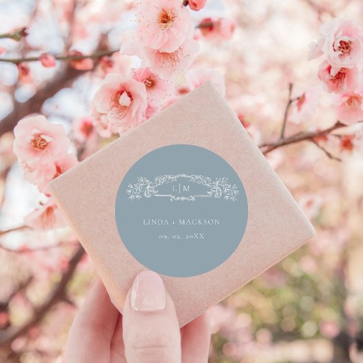 Dusty Blue botanische kam monogram bruiloft Ronde Sticker