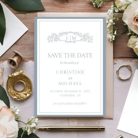 Dusty Blue botanische kam monogram bruiloft Save The Date