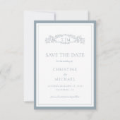 Dusty Blue botanische kam monogram bruiloft Save The Date (Voorkant)