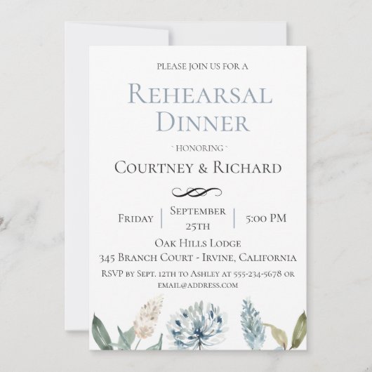 Dusty Blue Botanische repetitie Diner uitnodiging (Voorkant)