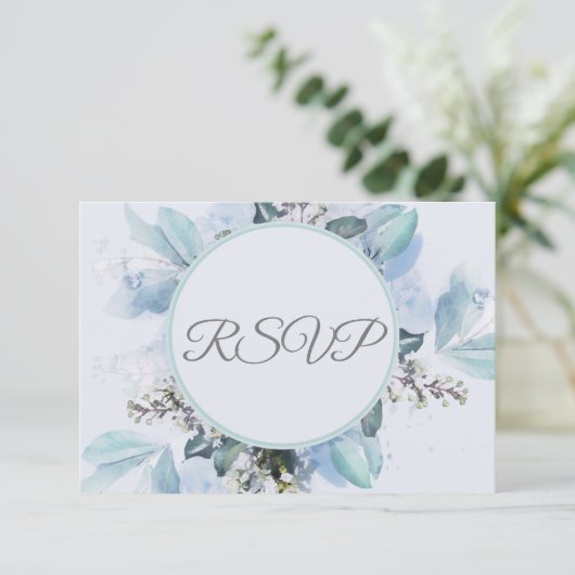 Dusty Blue Botanische Waterverf Bruiloft RSVP (Staand voorkant)
