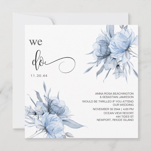 *~* Dusty Blue Bouquet AR15 Floral QR RSVP WEDDING Kaart (Voorkant)