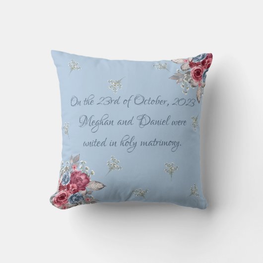 Dusty Blue, Bourgogne en roze rozen bruiloft Kussen (Voorkant)
